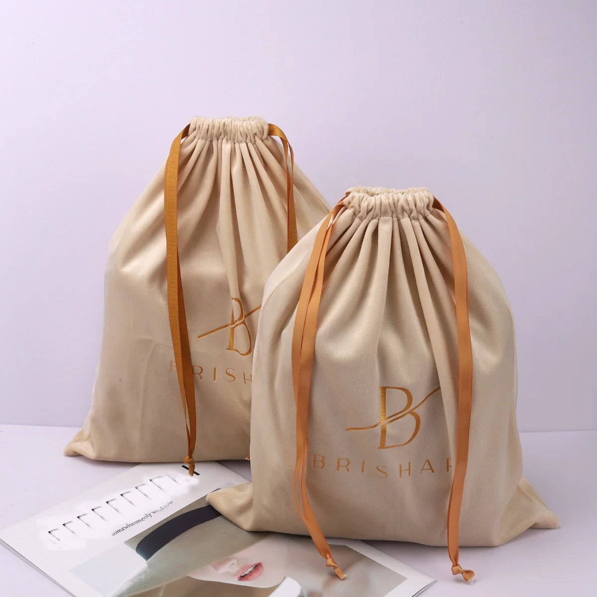 Custom Gold Printing Large Velvet Drawstring Pouch for Clothes Hat Handbag Packing Recyclable Velvet Shopping Bag
