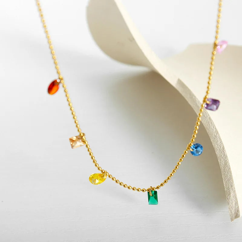 Fashion Midsummer Night Dream Rainbow Diamond Zircon Necklace 18K Gold Stainless Steel Bracelet Necklace Jewelry Set