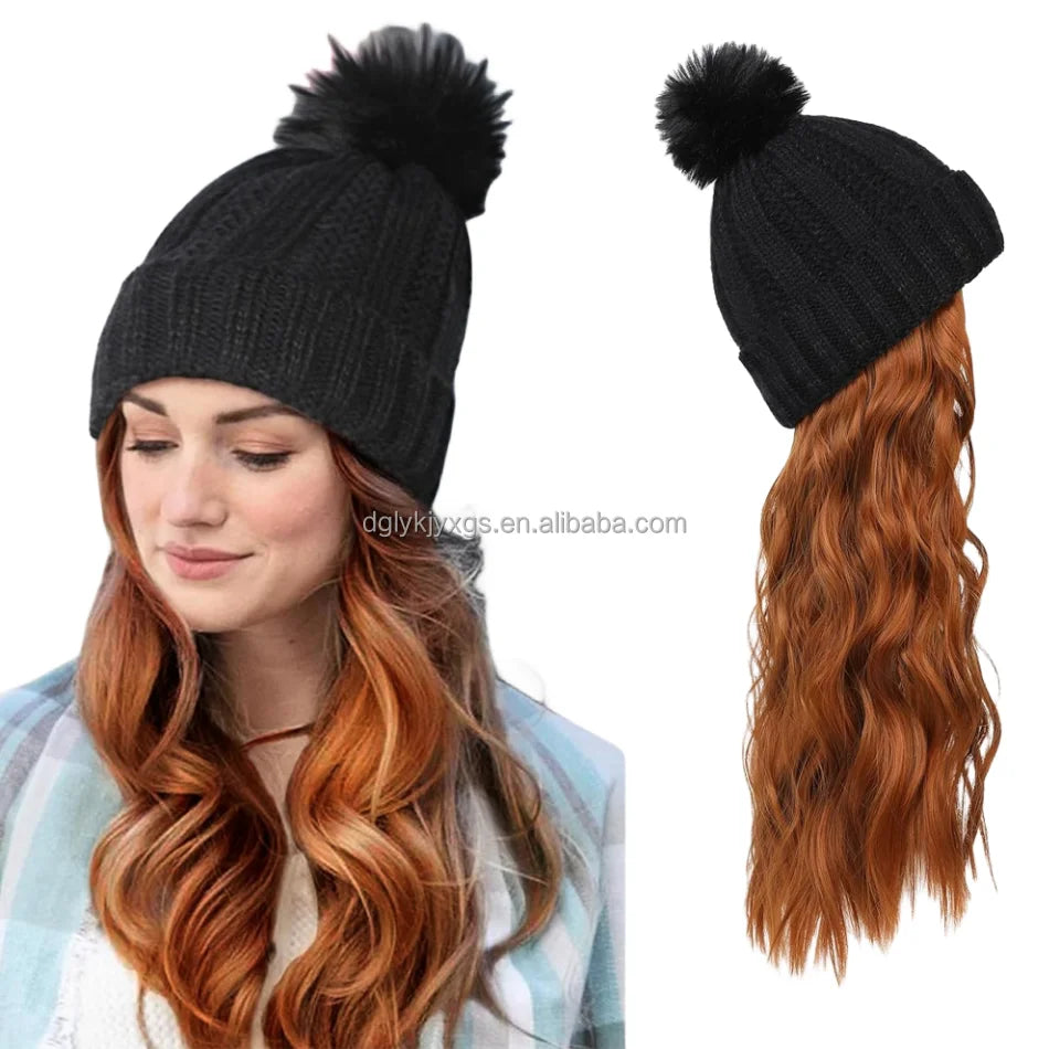 WM06 Fashion Autumn Winter Black Plush Knitted Cap Hair White Knitted Hat Wig  Synthetic Hair Water Wave Wigs