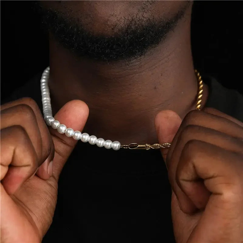 Waterproof Jewelry Custom 6mm Mens Pearl Chain Bracelet Stainless Steel 18K Gold Half Rope Chain Half Glass Pearl Necklace for M
