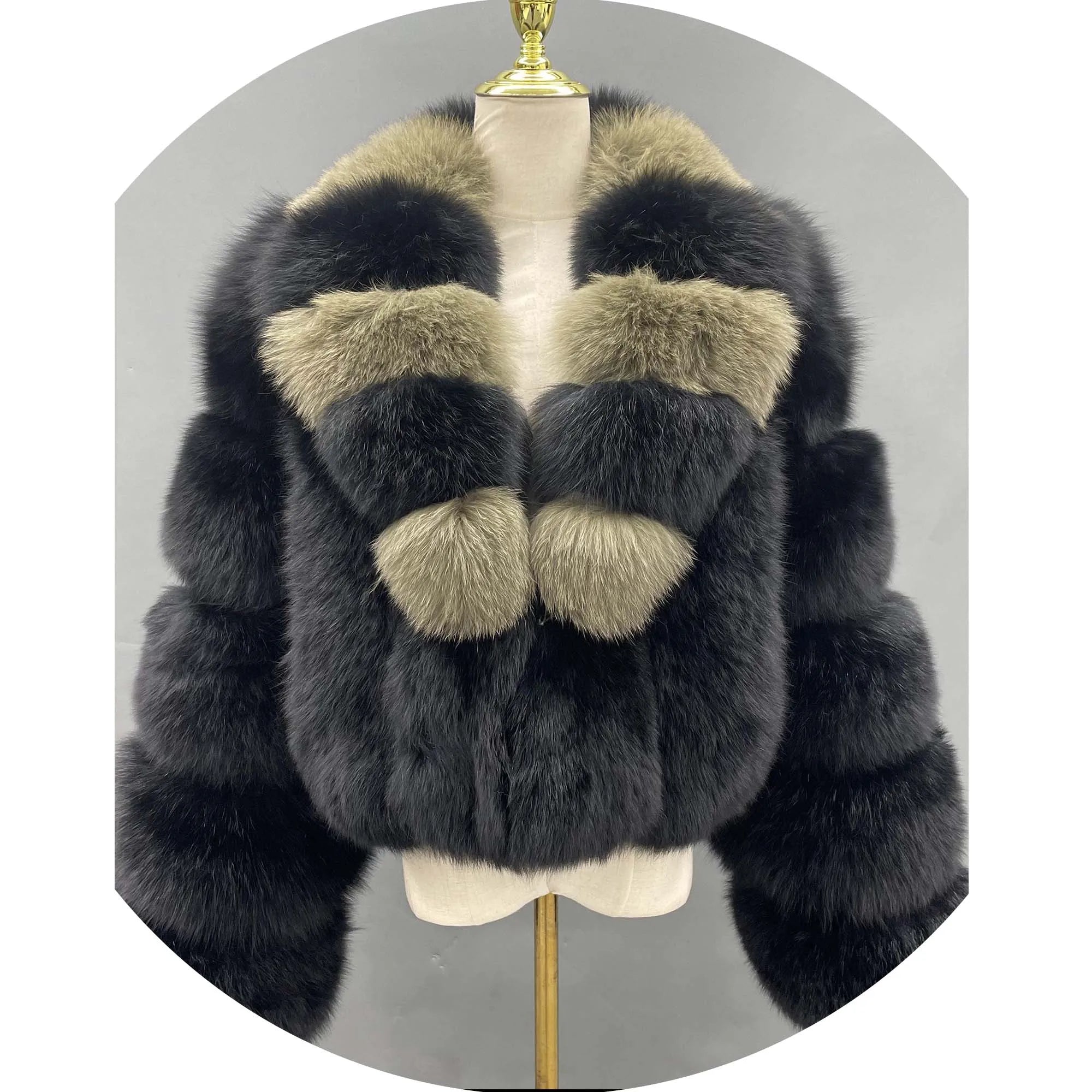 Mixed Color Fur Collar Cropped Style Warm Women Winter Real Fox Fur Coat