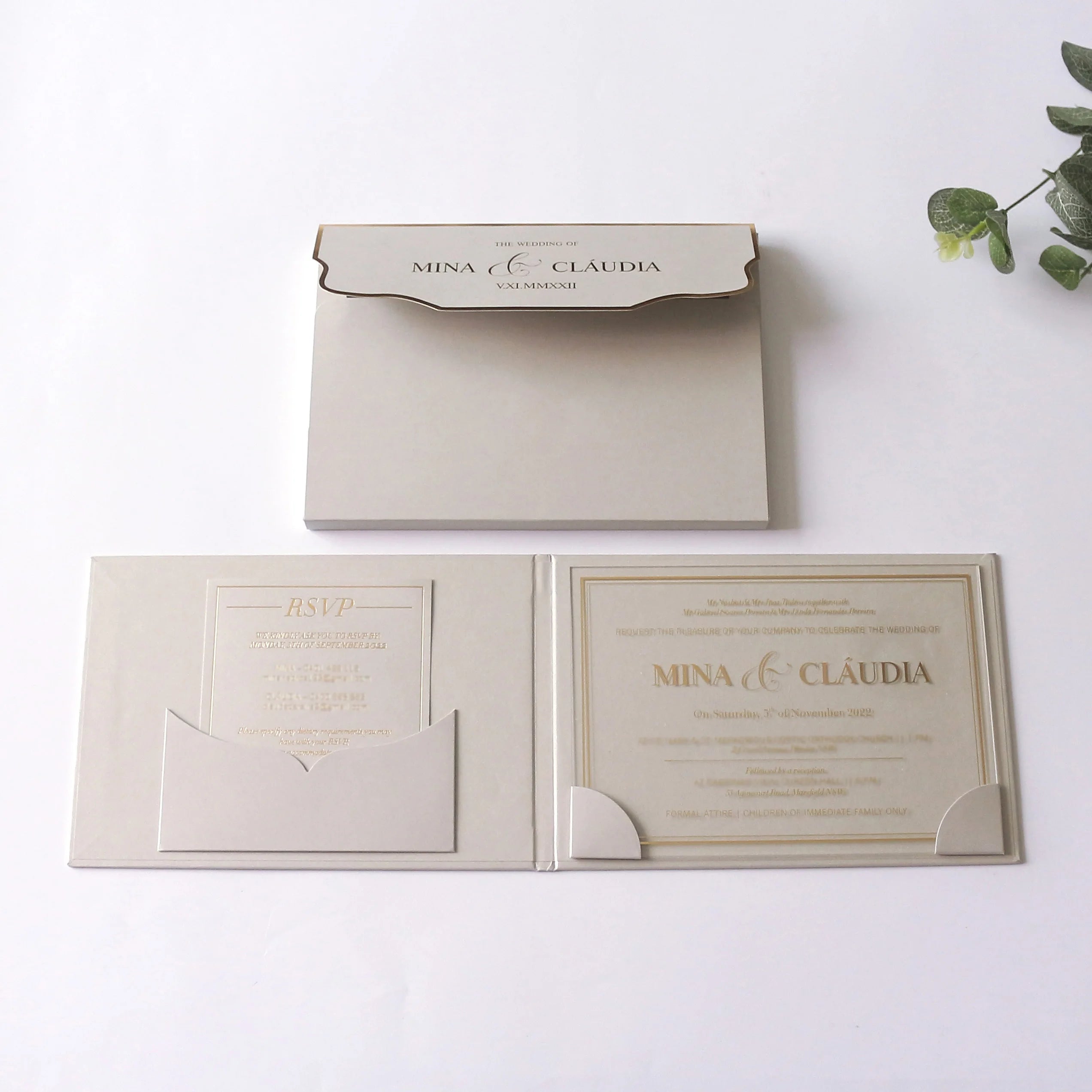 Large Hardcover Book Folio Weeding Invitation Pocket Fold Booklet Invitation with Transparent Acrylic Card