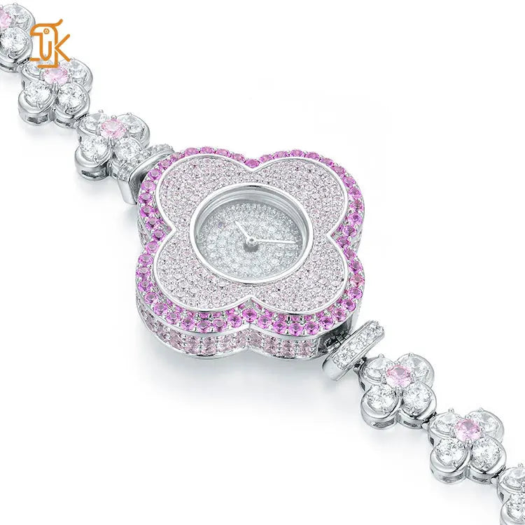 Luxury Women Jewelry Watch S925 Sterling Silver Swiss Movement Pink Iced Out 5A Zircon Clover Shape Ladies Quartz Watch