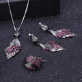 Abiding Factory Wholesale Original Design Black Gun Plated 925 Silver Leaf Shape Rhodolite Garnet Fine Jewelry Set for Women