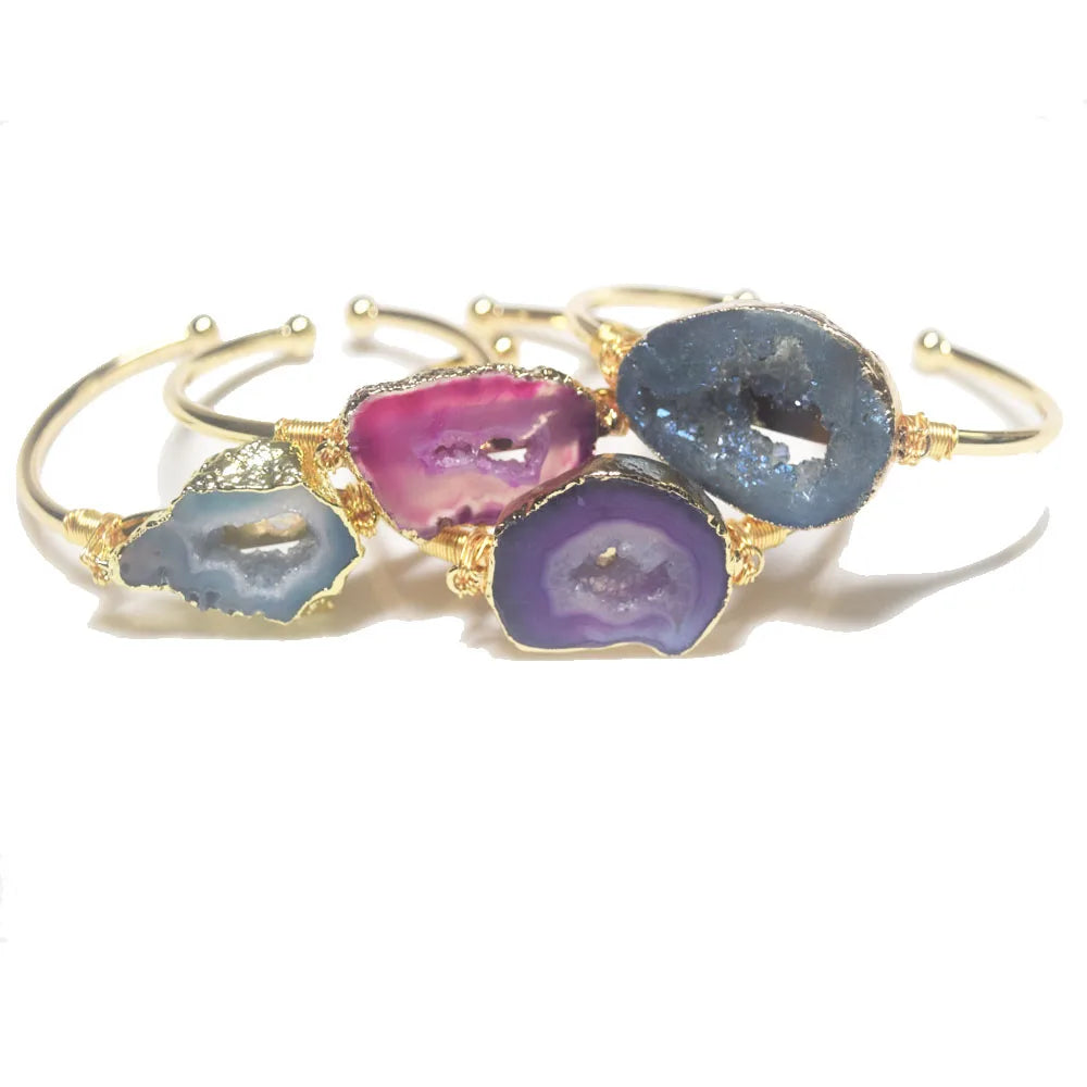 Brass Alloy Natural Druzy Agate Stone Charm Open Cuff Design Bangle Bracelet Women Boho Women
