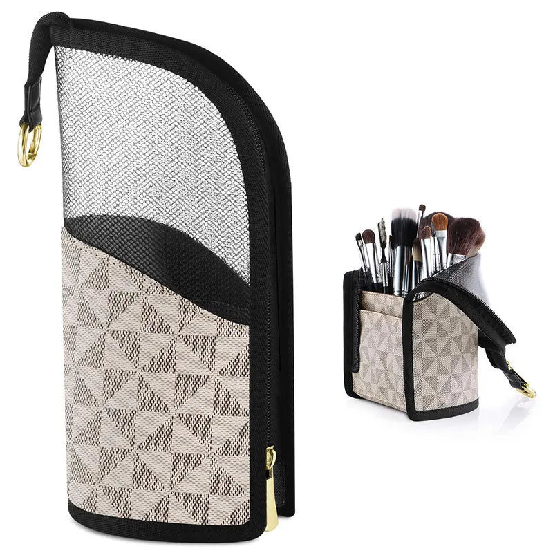 Custom Logo Zipper Fashion Polyester Durable Travel Makeup Brush Cup Holder Organizer Bag Portable Stand up Pencil Bag