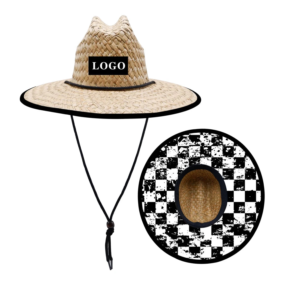 Manufacturers Big Brim UV Protect Straw Lifeguard Hat Checkered Lined Custom Beach Hats