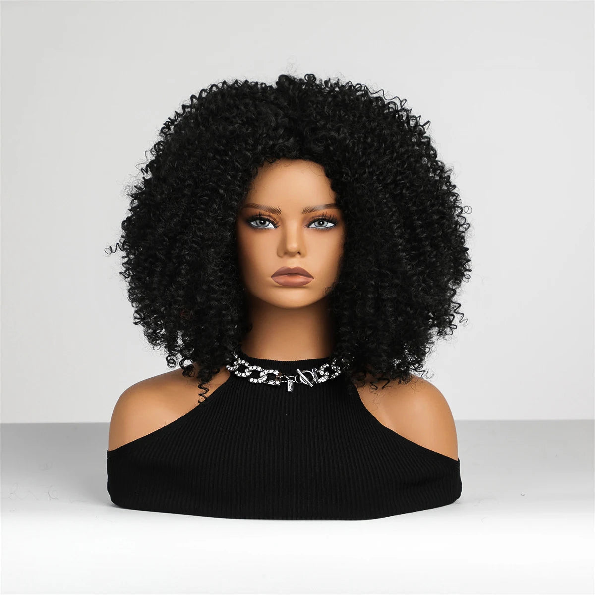Black Wig Mid-length Hair Super Curly Wave with Bangs African Wig Women's Heat Resistant Fiber Matte Durable Live Photo