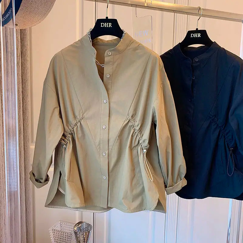 Wholesale Retro Pleated Symmetrical Tops Cotton Long-sleeved Spring and Autumn 2026 New Solid Color Wild Women's Shirts