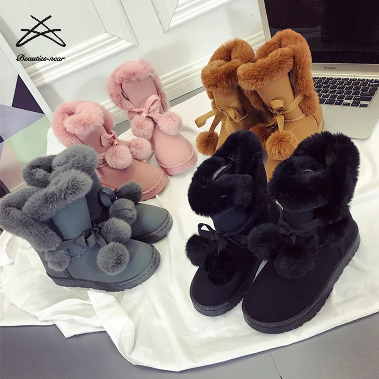 Fashion Trend Russia Warm Women Short Mid Calf Boots Warm Fur Plush Ball Lace up Snow Climbing Winter Ladies Boots