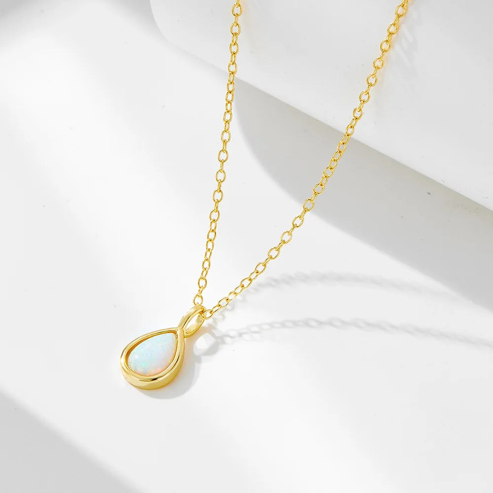 S925 Sterling Silver Geometric Pear Shape Opal Pendant Necklace Gold Plated Water Drop Pendant Clavicle Chain Necklace