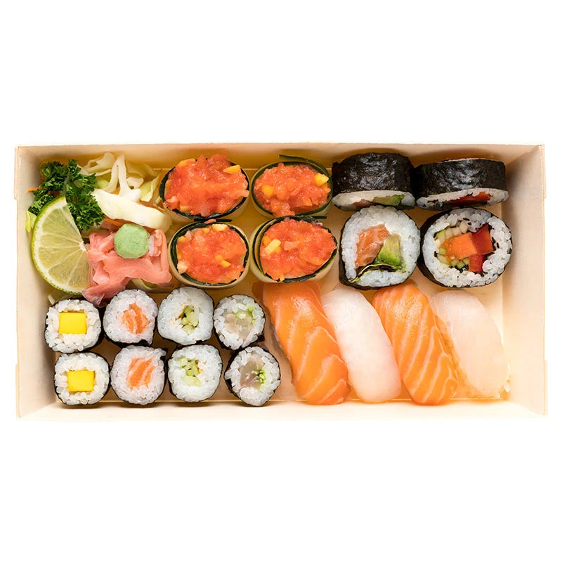 Chinese Manufacturer Cheese Food Packaging Swiss Roll Sushi Tray Wooden Sandwich Cake Box With Clear/Wood Lid