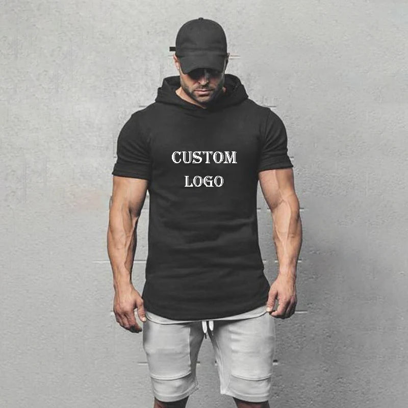 Custom Logo Men's Short Sleeve Quick Dry Fitness Hooded T-Shirts Summer Outdoor Sports Jogging Running GYM T-Shirts Plus Size