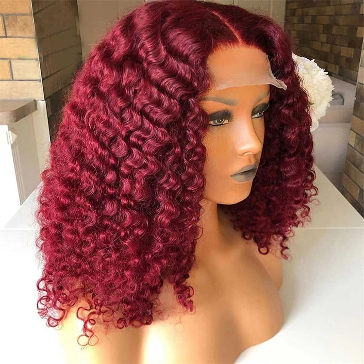HD Lace Frontal Bob Wig 4x4 Lace Closure Short Curly 99J Burgundy Human Hair in Straight and Deep Wave Styles