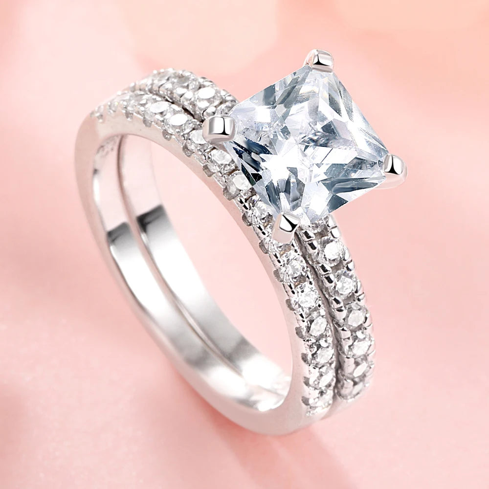 Sun Star Jewelry  925 Sterling Silver Four Claw Setting Princess Cut Diamond Zircon Stackable Engagement Brand Ring Set