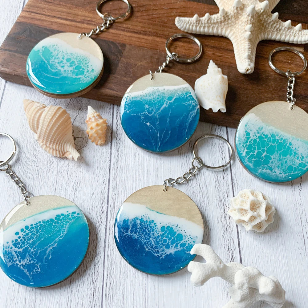 Environmental Wood Keychain Custom Resin Epoxy Sea Wave Keyring