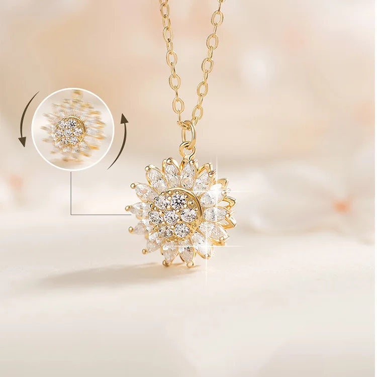 Trendy Double-layer Rotate Spins Sunflower Pendant Necklace Stainless Steel Zircon Daisy Necklace for Women Girls
