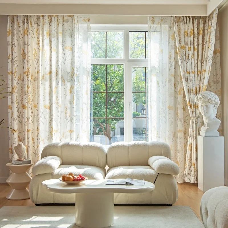 Custom Luxury American Pastoral Style Yellow Floral Printed Blackout Curtains with Sheer for Living Room Windows