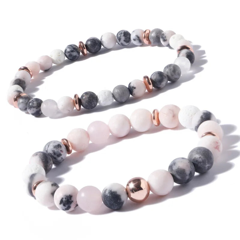 Jade White Volcanic Stone Powder Crystal Rose Gold Bracelet Jewelry Natural Stone Powder Zebra Agate Beaded Bracelet for Women
