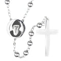 Religious Stainless Steel Cross Necklace with St Charbel Centerpiece 6mm Beads Catholic Rosary
