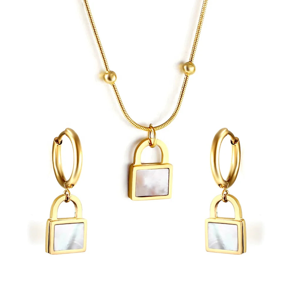 2023 New Stainless Steel Jewelry Locks Pendant Necklace and Earring Sets 18K Gold Plated Necklace Sets Earrings for Women