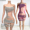 Ocstrade Off Shoulder Stretch Mini Dress Women Rhinestone Purple Mash Dress Hollow Out Club Dresses Solid Plain Color Irregular
