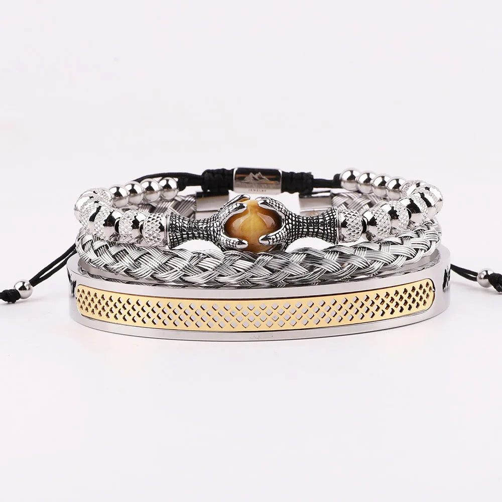 New Design Luxury Bracelet Pave Ball Blue Tiger Eyes Talons Braided Stainless Steel Bangle Bracelet for Men JBS12456