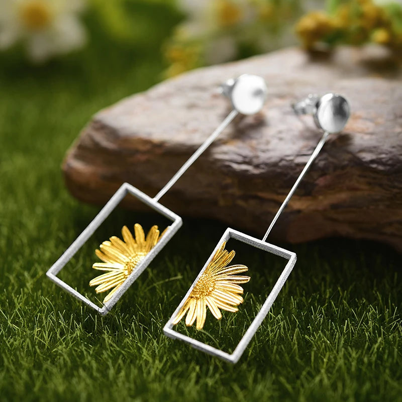 Lotusfun Modern Jewelry 925 Sterling Silver 18k Gold Plated Daisy in the Sun Flower Long Earrings Fine Jewelry for Women