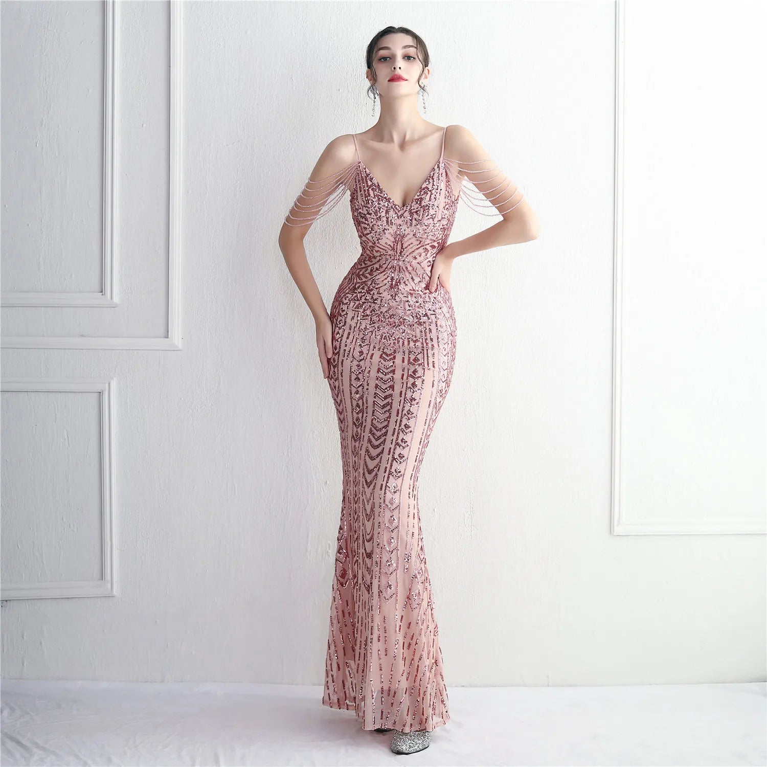 19380# Long Banquet Slim-fit Temperament Positioning Flower Beaded Glitter Evening Gown