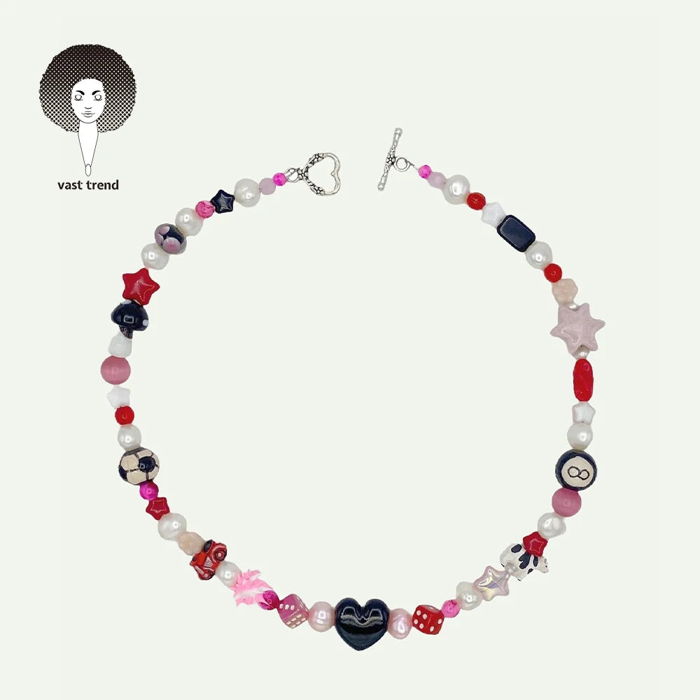 New Heart Mushroom Beaded Necklace Y2K Japanese and Korean Trend Personality Colorful Fashion Pendant Pearl Jewelry for Women