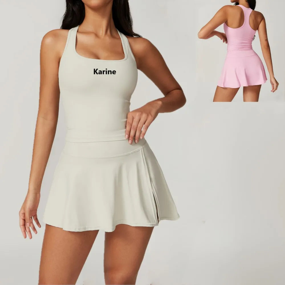 High Quality Custom Logo Yoga Sets Woman Sportswear Gym 2 Piece Tennis Wear Quick Drying Tennis Skirts Sets With Chest Pads