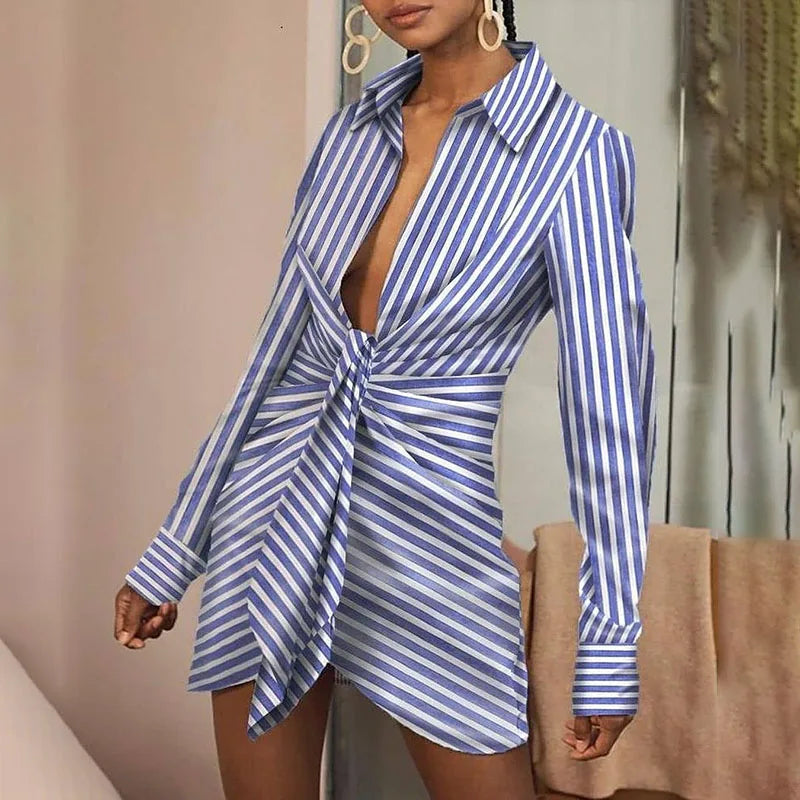 RNSHANGER Women Elegant Turn-Down Collar Folds Party Dress Casual Striped Lady Mini Shirt Dresses Autumn Long Sleeve Slim Dress