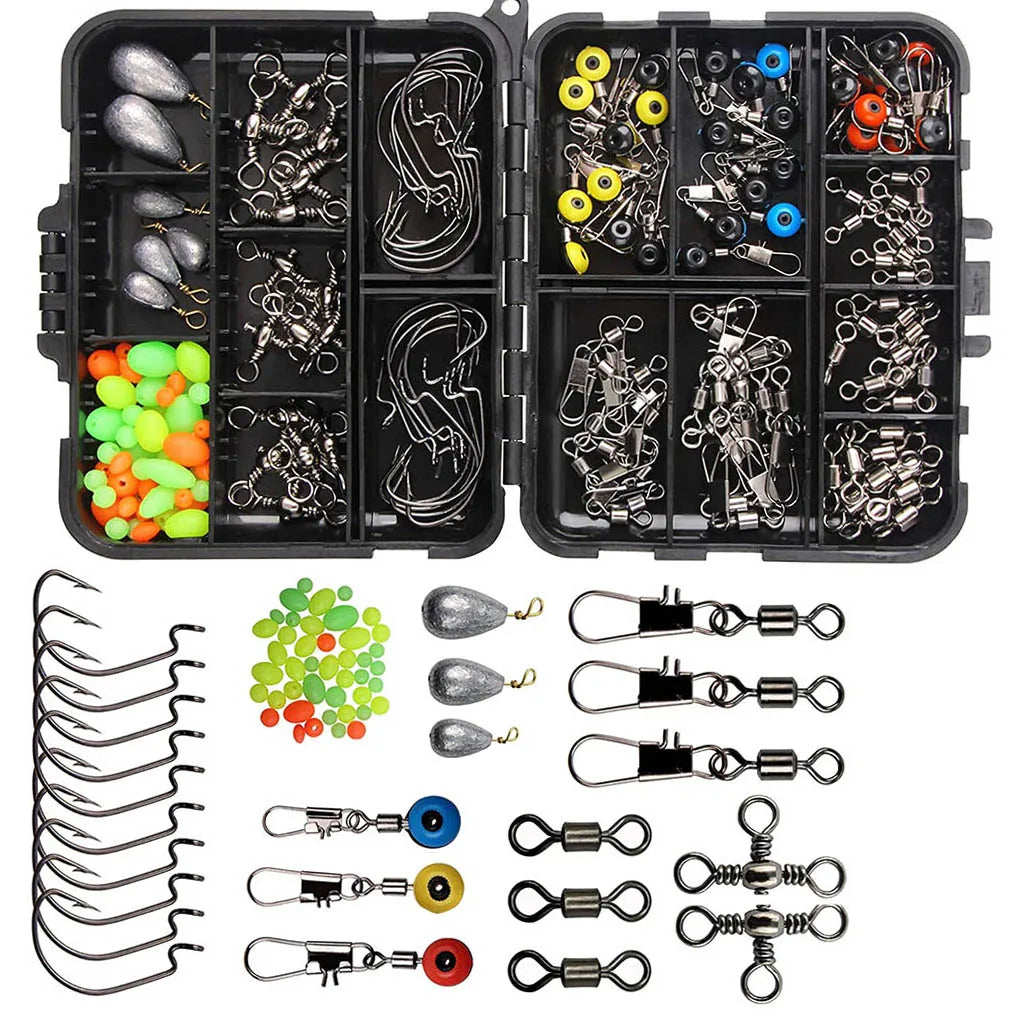 160pcs/set Fishing Tackles Set Jig Hooks Beads Sinkers Weight Swivels Snaps Sliders Kit Angling Accessory