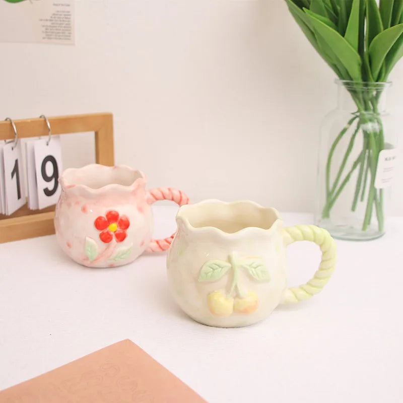 New Style Simple Personality Embossed Flower Twist Handle Ceramic Cup Irregular Cherry Ceramic Water Mug