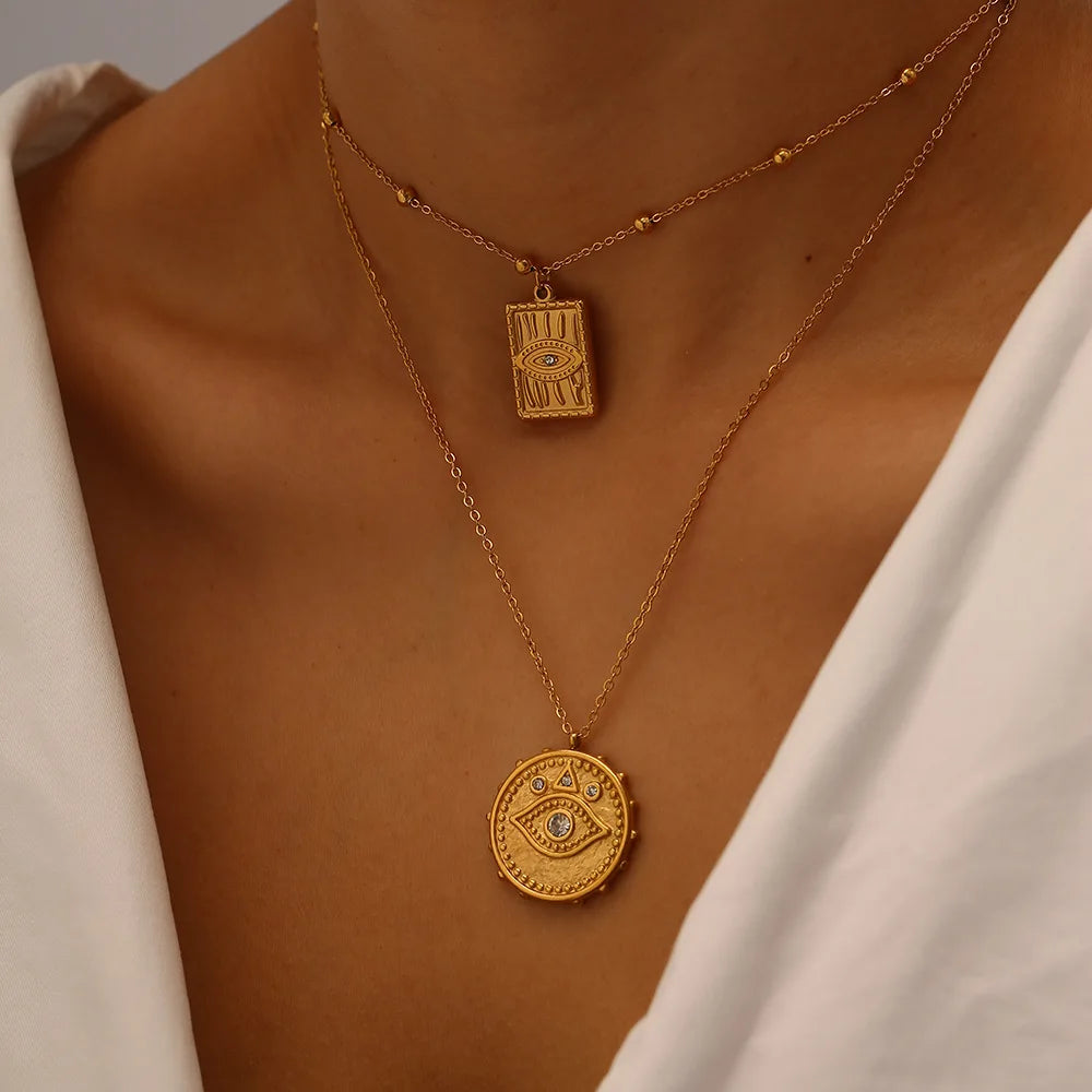Vintage 18K Gold Plated Round Devil Eye Bead Chain Necklace Stainless Steel CZ Square Evil Eyes Pendant Necklace for Women