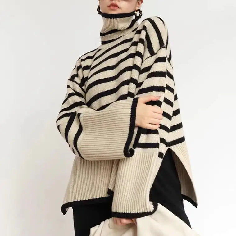 Striped Women Loose Sweater High Collar Knitwear Long Sleeve Pullover Knit Coat Solid Color Autumn Winter Casual Sweater