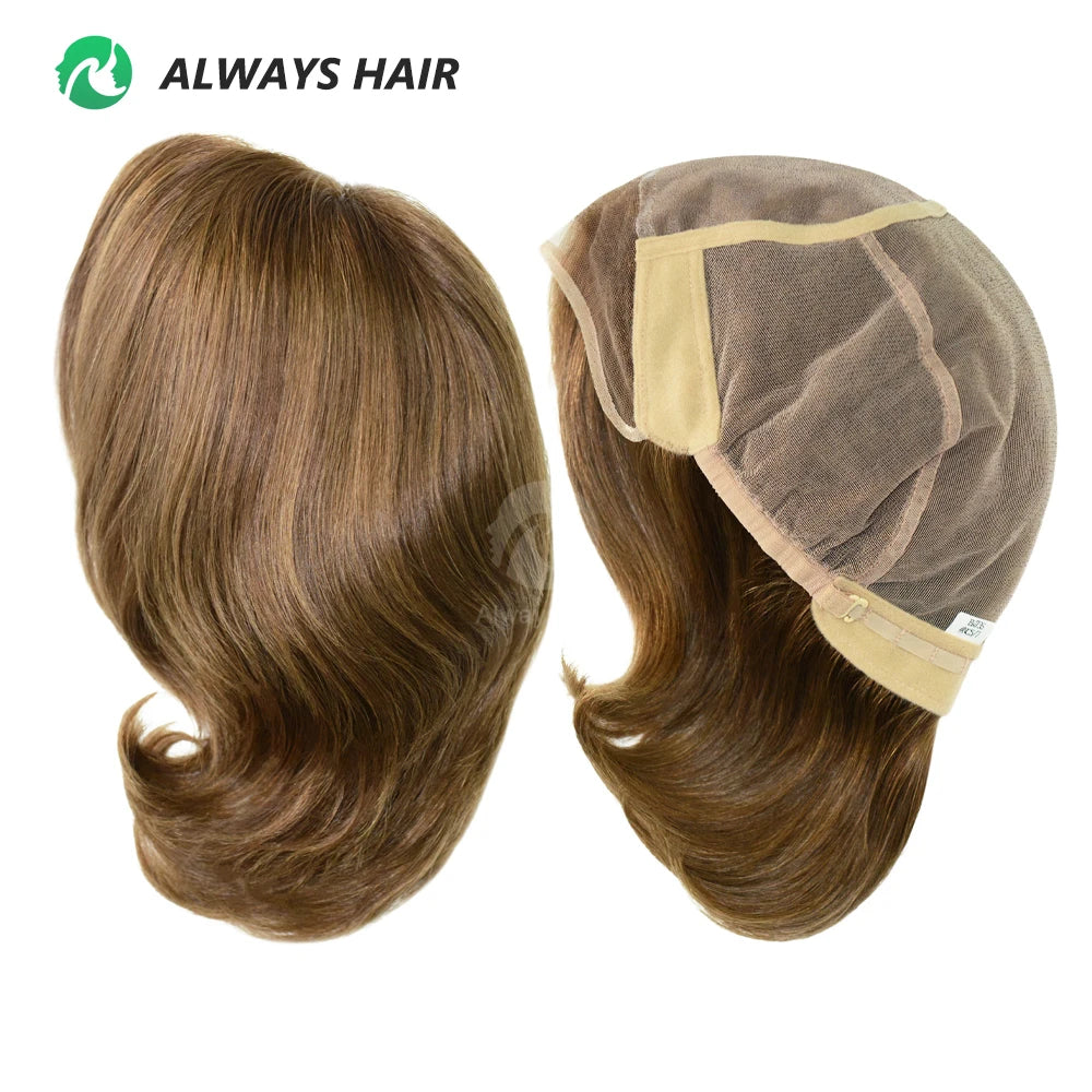 EW73- 6" Virgin European Human Hair Wig All Head Tied Women Lace Front Hair Wig Short Brown Highlight Wigs