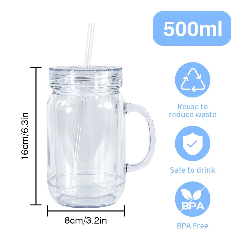 New Products 20oz Double Wall Plastic Mason Jar Pre-drilled Snow Globe Mason Jars with Stoppers and Straws
