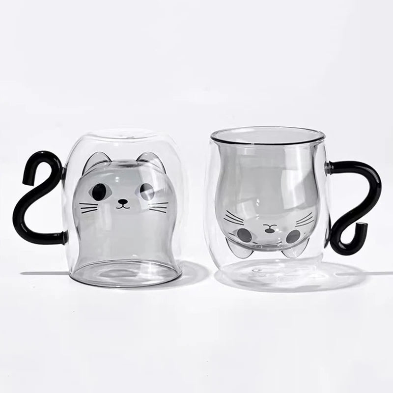 250ml Custom Gift Idea Glass Coffee Mug Cute Coffee Glass Mug Cartoon Cat Shape Glass Coffee Mugs for Breakfast Milk Juice Tea