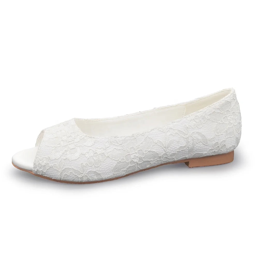 Brand New Arrival Women's Comfortable Satin Lace Wedding Party Dance Shoes White Genuine Leather Lining with Big Sizes Flat Heel