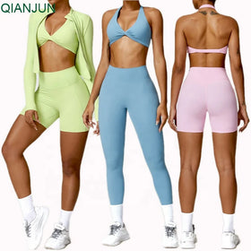 Hot Sale Women Plus Size Set Fitness Sports 4 Piece Suits Yoga Long Sleeve High Waist Running Leggings Workout Yoga Set