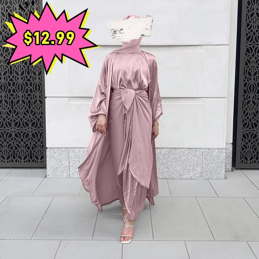Loriya Muslim Women Fashion Dubai Abaya Satin Dress 3pcs Abaya Set Open Abaya Islamic Clothing Women Muslim Dress