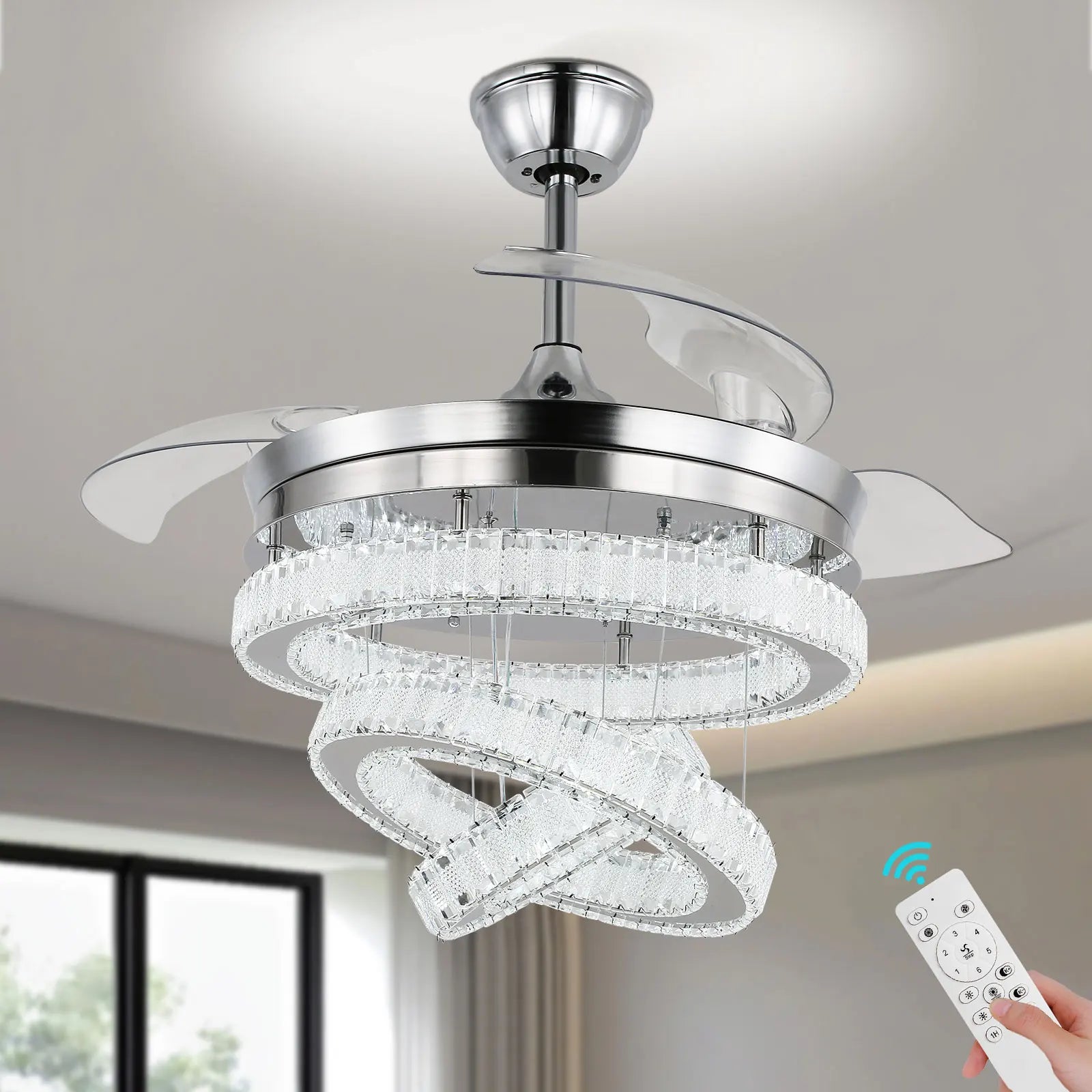 42" Modern LED Crystal Ceiling Fans with Lights Dimmable  Invisible Retractable Blades Chandelier Ceiling Fan