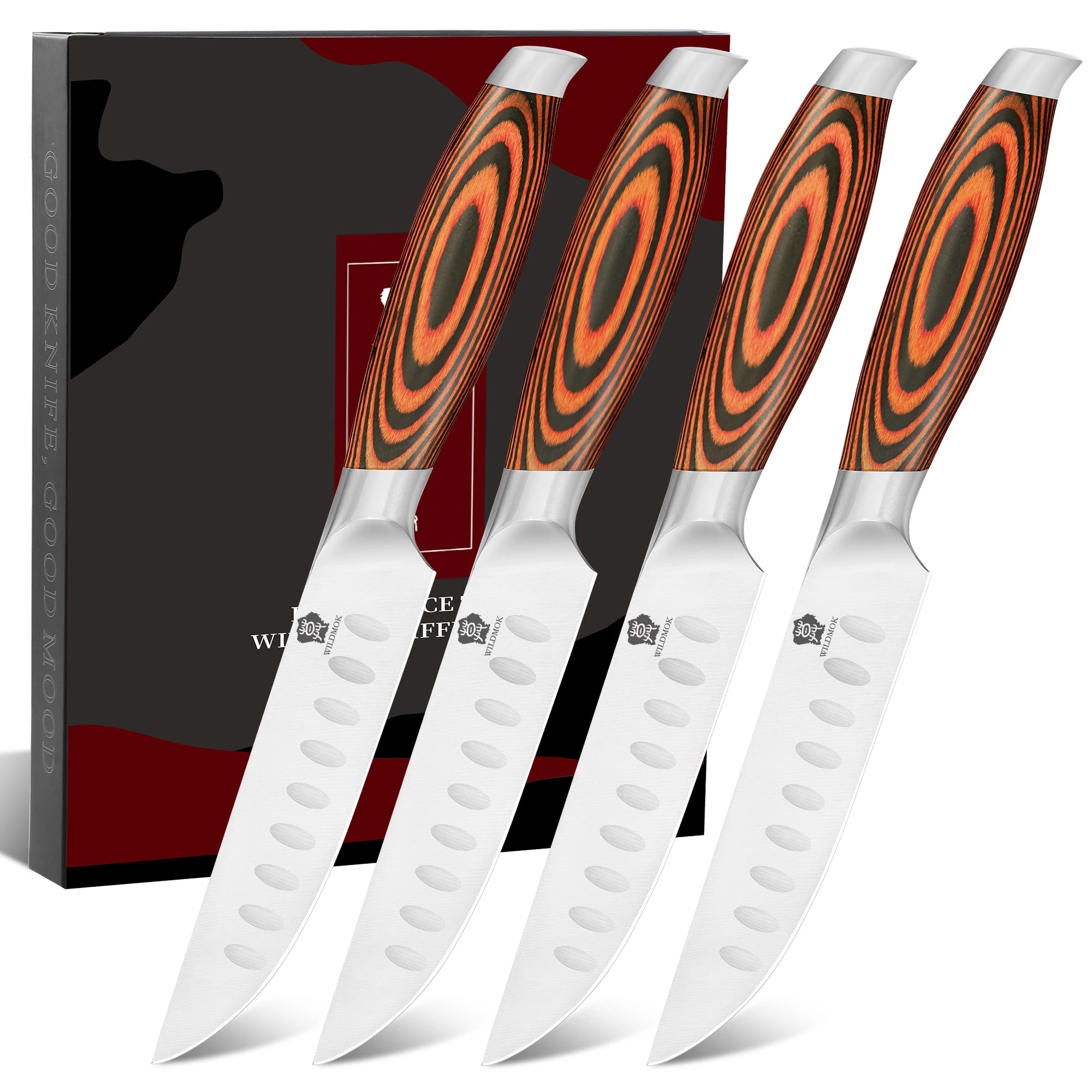 WILDMOK 4Pcs 5 Inch Stainless Steel Steak Knife Pakkawood Handle Kitchen Chef Knife Traditional Design for Kitchen Use