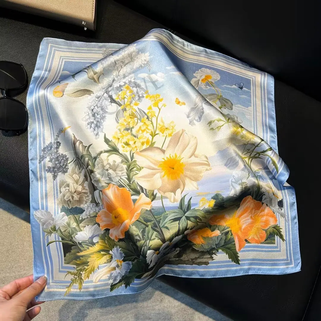 53cm 100% Pure Silk Printed Floral Crepe Satin Shawl Small Square Scarf for Women Plain Style for Spring