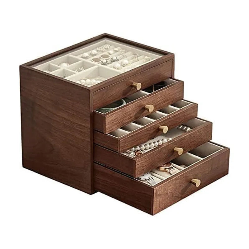 Black Walnut Wooden Jewelry Box Women Large 5 Level Drawer Organizer Box with Glass Lid to Store Necklaces
