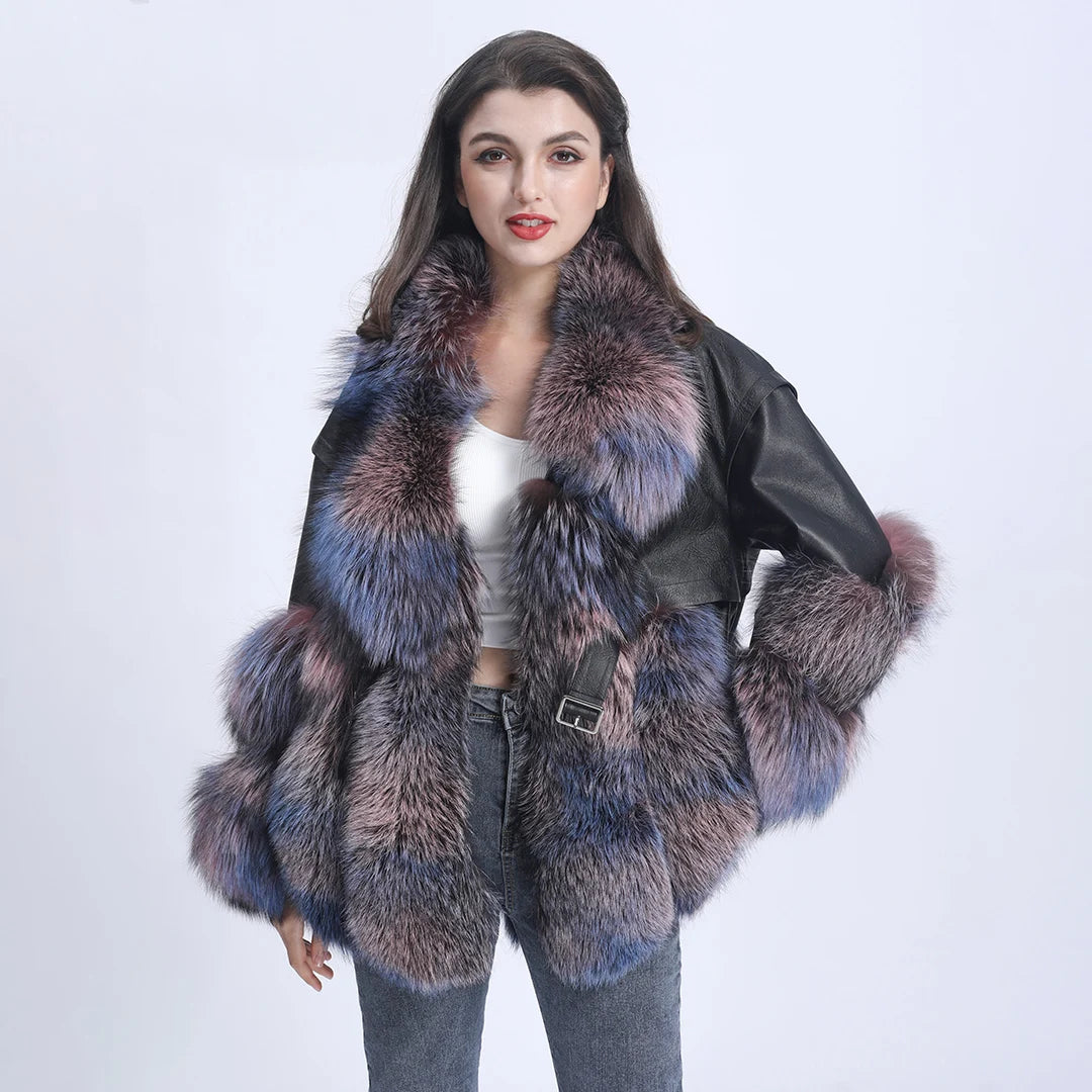New Arrival Chic Genuine Leather Fox Fur Jacket Women Real Fox Fur Coat Jacket