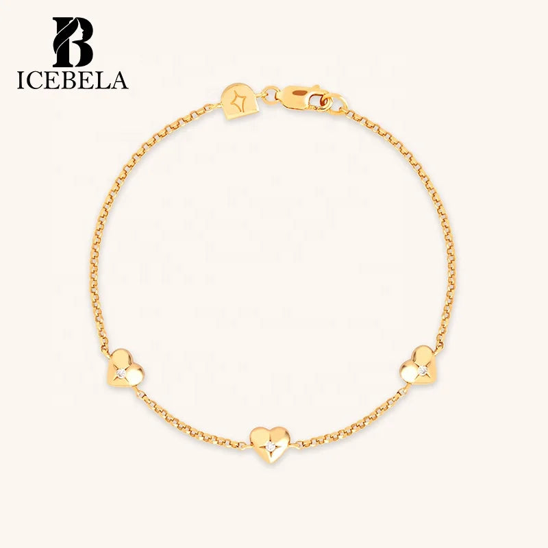 ICEBELA Exquisite Cute Gold Plated Designer Fine Jewelry 925 Sterling Silver Chic Stylish Heart Charm Zircon Bracelet for Girls