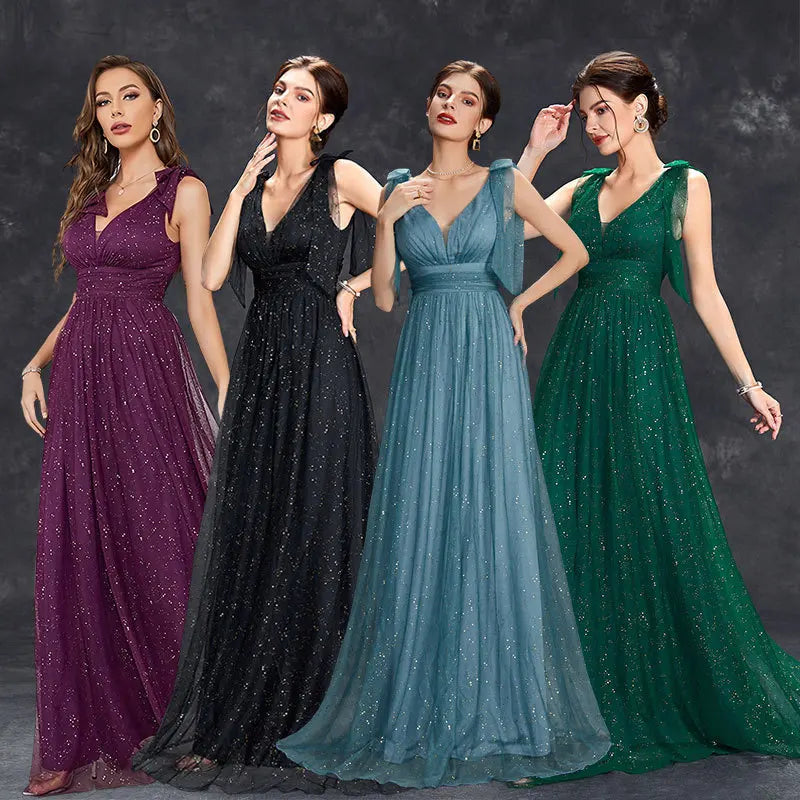 2025 Modern A-Line Spray Gold Glitter Fabric Bridesmaid V Neck Sleeveless Floor Length Bow Knot Prom Gown Evening Dresses