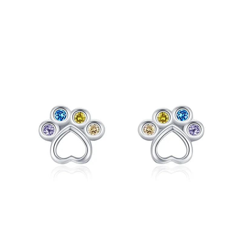 Sweet Cute Animal Paw Print Footprint Earrings 925 Sterling Silver Colorful Zircon Bubble love Heart Earrings